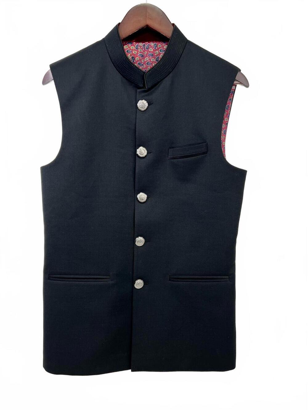 Nirmal Mandoth Size 38S Black Sleeveless Nehru Jacket w/ Paisley Lining Designer